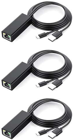 rieder 3X Adaptador Ethernet con Cable de AlimentacióN para (2.A GeneracióN), 4K Stick, TV Square, Adaptador de LAN con Cable Micro-USB A RJ45, Negro