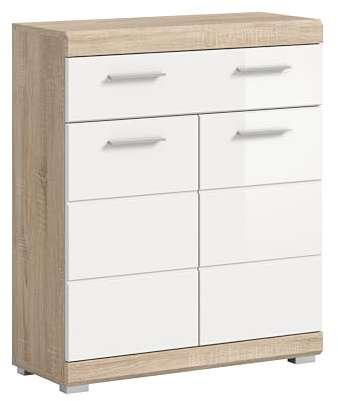 xonox.home - Standschrank breit Lambada 74x88x31 cm in Sonoma Eiche hell und weiß hochglanz - Midischrank Badschrank Unterschrank Badezimmerschrank - zeitloses Design erstklassige Qualität