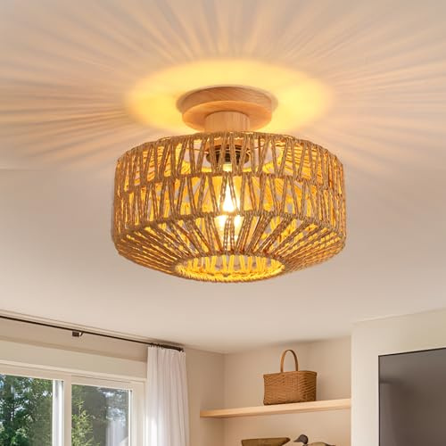 Toolight Rattan Deckenlampe Hängend Holz, Boho Deckenleuchte mit Rattan Lampenschirm, Vintage E27 Lampe Holz Deckenleuchte für Wohnzimmer Schlafzimmer Küche Esszimmer Flur Ø30cm(ohne Glühbirne)