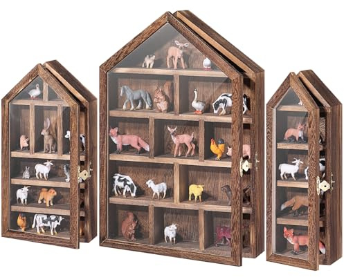 DoubleFill Set of 3 Wooden Trinket Display Shelf Shadow Box with Shelves 10 x 15 Inch Large Wall Mounted Display Storage Mini Figures Curio Trinket Medals Crafts Collections(Brown,House Shape)