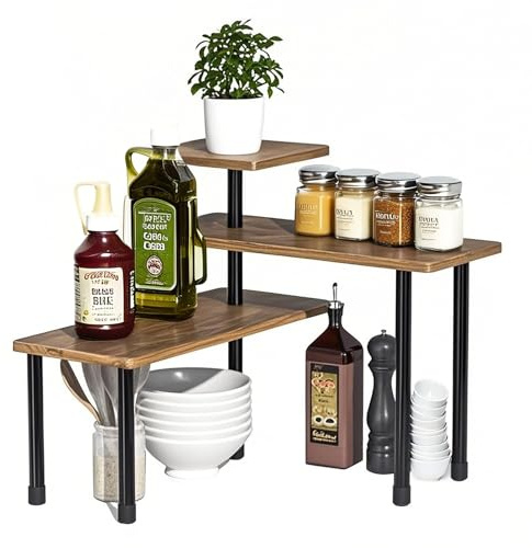 Accmuzzy Mensola Angolare a 3 Livelli Cucina Piano di Lavoro in Legno, Mensola da Cucina, Organizer da Cucina Regolabile per Spezie, Caffè e Bagno, Organizzatore da Cucina per Piano di Lavoro, Mensola