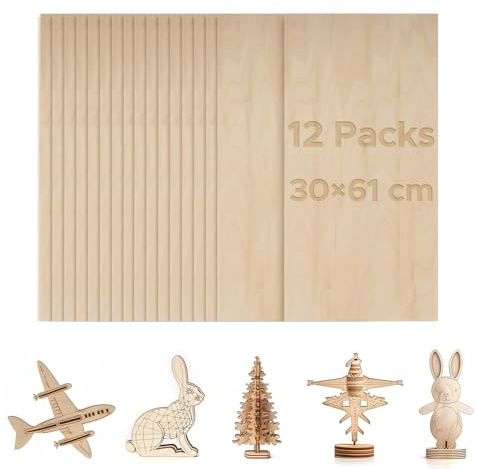 OMTech 12 Pack Basswood Sheets, 300x600 mm Plywood Sheets for Crafts, 3 mm Thick Wood Sheets for Laser Cutting Engraving, Unfinished Wood Boards for DIY Projects Drawing Painting Architectural Models