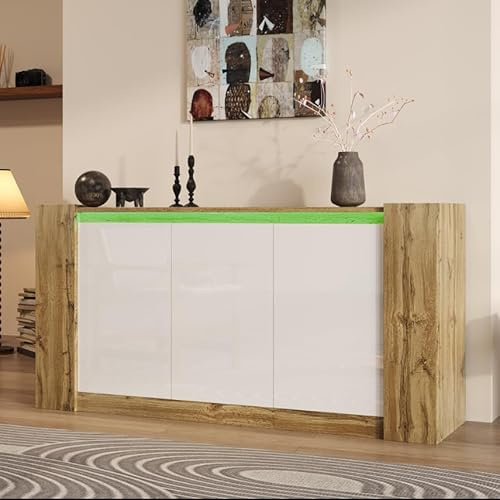 Merax Buffet Moderne 150Px40lx70,5H cm, avec étagères réglables, Barre Lumineuse LED, Espace de Rangement spacieux pour Salon et Salle à Manger, Naturel+Blanc