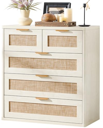 LEYAOYAO White Dresser for Bedroom, 33.5 Tall Chest of Drawers, Modern 5 Drawers Boho Rattan Dressers with Storage, Dresser Wooden Closet Organizer for Living Room, Hallway