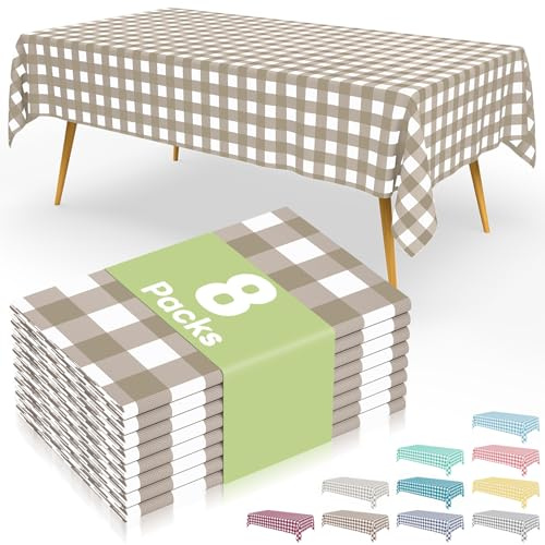 Smiry 8 Packs Gingham Disposable Table Cloth, 54 x 108 Inch Waterproof Plastic Tablecloth, Rectangle Khaki and White Checkered Table Covers for Outdoor, Birthday, Party
