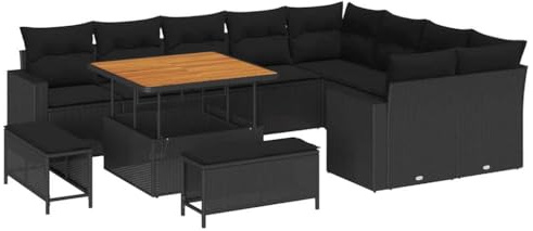 vidaXL Garten-Sofa-Set 12 pcs Schwarz Poly-Rattan, Garten und Terrasse, modernes modulares Design, haltbares Rattansofa, Sitzset für draußen, Funktionelle Akazienmöbel