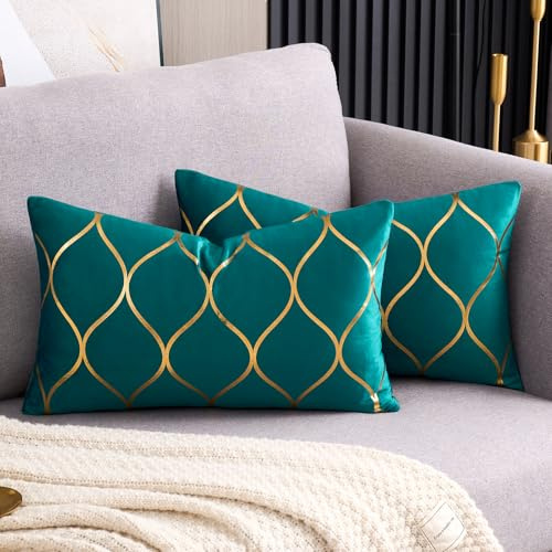 Arwllzz Teal Velvet Cushion Covers 30x50 Set of 2 Luxury Golden Decorative Throw Pillow Case Soft Emerald Green Modern Rectangle Pillowcases for Sofa Couch Bedroom (12 x 20 Inch)