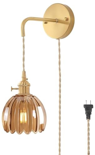 AoLa Kristall Wandleuchte mit Schalter und Stecker, E27 Gold Wandlampe Vintage Metall und Glas Lampenschirm Wand Nachttischlampe mit Kabel Retro Blume Wandlicht für Schlafzimmer Wohnzimmer,Bernstein
