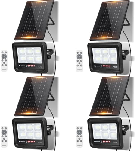 Aigostar Foco Proyector LED Solar con mando a distancia 100w, Blanco Frío 6500K, Foco Solar Exterior IP65,Proyector LED Exterior con Indicación del nivel de batería para Jardín,Garaje, 4 piezas