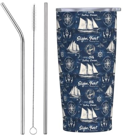 Vaso con estampado náutico azul marino con tapa y popote, vasos aislados de acero inoxidable de 20 onzas, taza de café personalizada, botella de agua