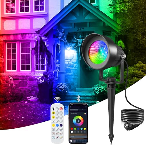 T-SUN RGB Gartenbeleuchtung LED mit Fernbedienung und App Steuerung | IP65 Wasserdicht Gartenleuchten mit Strom, 16 Farben 44 Dynamische Modi RGB gartenstrahler für Außen, Rasen, Wegen, Baum