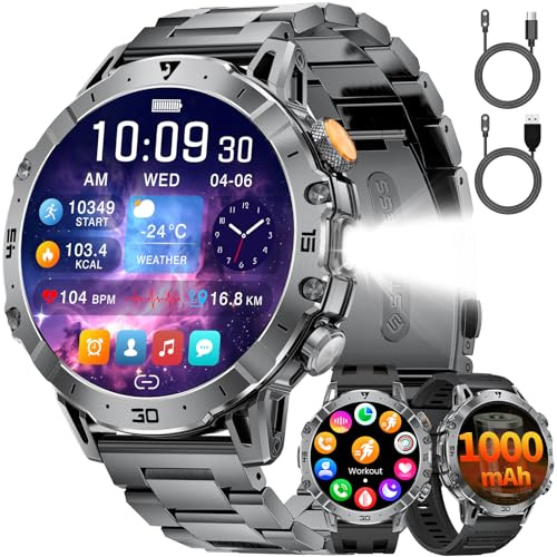 Montre Connectée Herren Smartwatch Sportuhr: 1,7”HD Großes Display mit 1000mAH Akku/LED Taschenlampe,Telefonfunktion Fitnessuhr mit 110+ Sportmodi,Herz-/Schlaftracking,3 Armbändern,iOS/Android,Schwarz