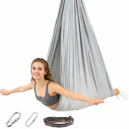 Aerial Kit hamac de yoga, balançoire de yoga, balançoire jusqu'à 200 kg, avec kit de montage et instructions (français non garanti), entraînement anti-gravité en intérieur et en extérieur, gris