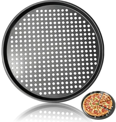 Suimlmta 14 inch Pizza Tray Non Stick Perforated Pizza Pan with Holes | Large Carbon Steel Baking Tray for Oven Heavy Duty Oven Trays Dishwasher Safe 35.6cm Round Black, 1Pack