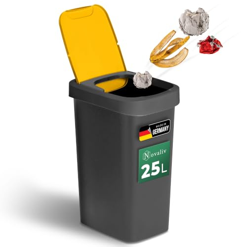 Novaliv Mülleimer 25L mit Schwingdeckel Gelb, Mülltrennung Abfalleimer für Gelben Sack & Verpackung, Recycling Wertstoff Mülltrennsystem Abfallbehälter Küche Haushalt Büro Müll Eimer Bin Trash