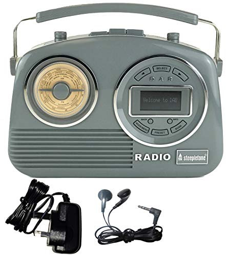 Nostalgic Retro Digital Radio, DAB, FM, AM (MW). Smart Phone Input (Speaker). 1950/60s Design, Modern Functions, Large FRONT Panel LCD Digital Display, Electric/Batteries, Inc Earphones. Pastel Grey