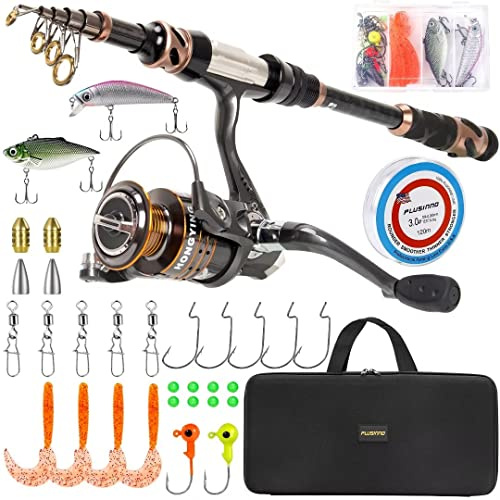 PLUSINNO Fiskespö och rulle i paket, teleskopiskt fiskespö av 24-ton-kolfiber och spinnrulle 12 + 1 skärmade kullager i rostfritt stål BB, med gratis bärväska, reseset för salt- och sötvattenfiske