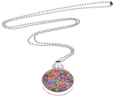 Adi Modeschmuck Kette Samara, 70cm lange Kugelkette mit einem runden 25mm Anhänger mit beidseitig bunten Motiven unter Glas Cabochons, handgearbeitet in Berlin (Motive 1) | Runder Anhänger, Beidseitig bunte Motive, Glas Cabochons, Handgearbeitet in Berlin