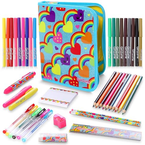 GirlZone Regalos para Niñas -Estuche Escolar Completo Niña, 43 Piezas De Útiles Escolares, Cumpleaños de Arco Iris y Unicornios, Estuche Escolar Niña