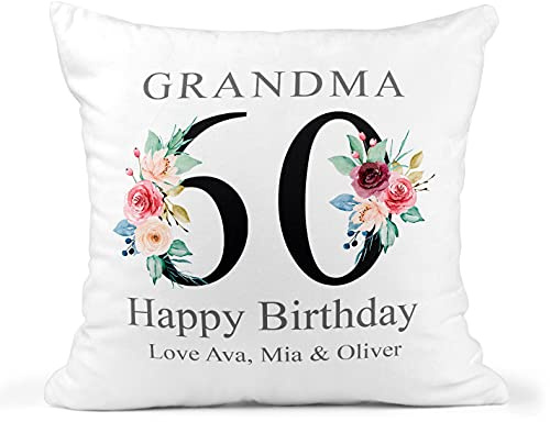 60th Birthday Gift for Women, Personalised Cushion/Pillow with Kids Names and Floral Design, Birthday Gift for Mum, Birthday Gift For Nanny/Grandma, 1961