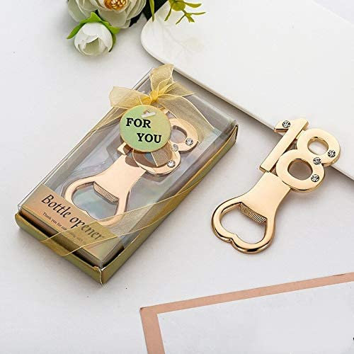 Crysdaralovebi 50pcs/lot 18 Golden Beer Bottle Opener 18th Birthday Party Favors Wedding Favours for Guests (Gold)