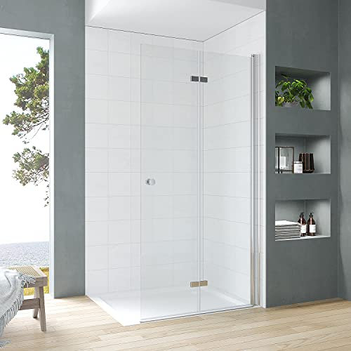 Duschabtrennung faltbar 75 cm Walk-in Dusche Duschwand Glas Falttür für Duschwanne Faltwand Drehfalttür Faltdusche Glaswand Duschfaltwand Sicherheitsglas 5 mm klar | Öffnungsseite OHNE Wandprofil