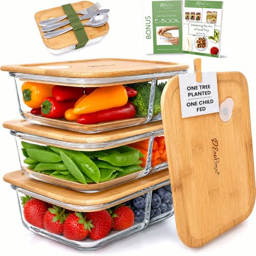 EcoPreps Glass Meal Prep Containers with Bamboo Lids, 2 Compartment, 3 Pack | 100% Plastic Free, Eco-Friendly Lunch Containers with Lids Made of Bamboo | 2-Compartment Glass Bento Box Container Set of 3
