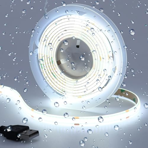 GOMING DC 5V Tira LED COB USB Blanco Frío 6000K IP65 Impermeable CRI 93+ | Alimentado por USB 2M 640LEDs Alto Brillo Luces de Cinta LED Flexibles para DIY Decorativa