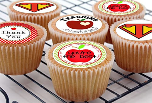 24 edible Thank you Teacher End of Term kids childrens party decorations style cake decorations Iced Icing CupCake Toppers, 4.2cm