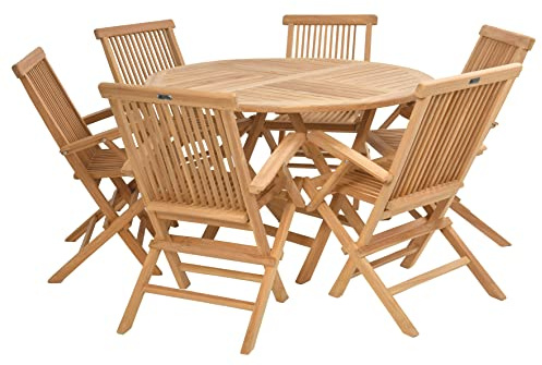 Rattanland | Gartenmöbel Set aus exotischem Teakholz “Sardinien” Tisch mit 6 Klappstühle Palermo V-legal zertifiziertes Holz
