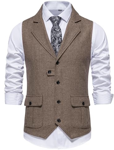 MakingDa Herren-Weste Formell V-Ausschnitt Tweed Westen Business Fischgrätmuster Slim Fit Anzugweste mit Tasche