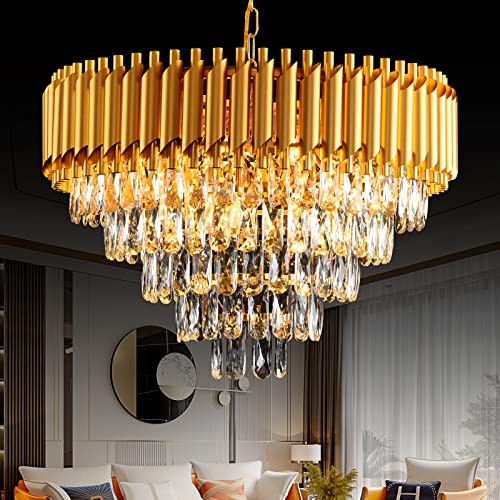 MSSIAN Goldener K9-Kristall-Kronleuchter Rund 60cm 5-Stufen 12xE14 dimmbar Deckenlampe für Esszimmer Wohnzimmer Schlafzimmer Eingang