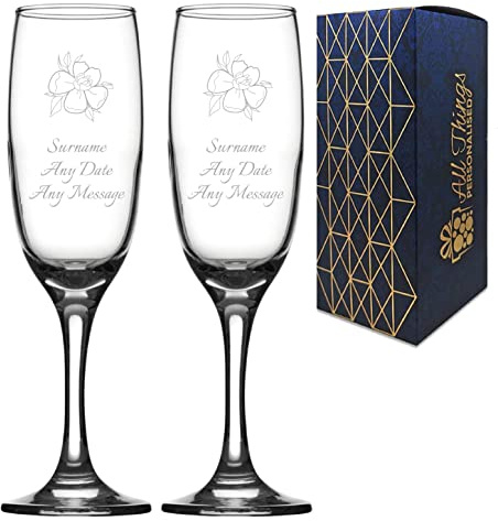 Personalised Engraved Wedding Champagne Set His and Hers, Wedding Floral, Any Date and Message Glasses, Holds Up to 7.5oz/221ml, Imperial Flute, Engraved in The UK