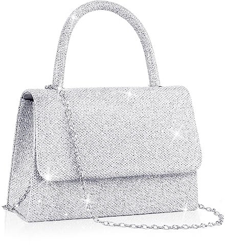 Larcenciel Silber Clutch, Glitzer Damen Handtasche mit Abnehmbarer Kette, Metallisch Pailletten Abendtasche, Elegant Envelope Crossbody Umhängetasche Tasche für Hochzeit, Party, Date (20x5x13cm)