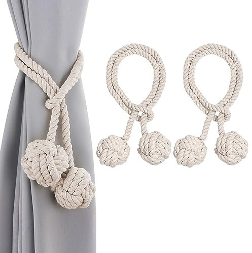 starfa lab 2 Stück Vorhang Raffhalter, Vorhang Zugband Handstricken Seil mit Ball (Beige)