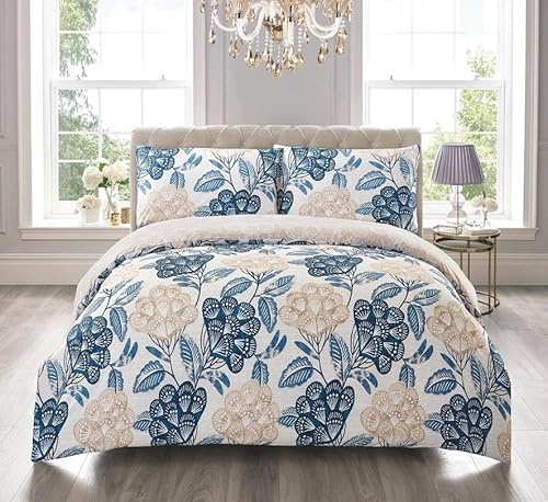 Complete Bedding Set 4 Piece Floral Design Duvet Quilt Cover With Pillowcases Fitted Sheet Poly Cotton Ultra Soft Anti Allergic (Bloom Blue, Double)