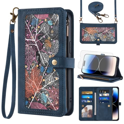 Phone Case for iPhone 14 Pro 6.1 inch Wallet Cover With Screen Protector and Crossbody Wrist Strap Leather Flip Pattern Zipper Credit Card Holder Cell iPhone14Pro 5G i i-Phone i14 iPhone14 14Pro Blue