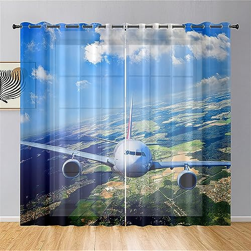 Hiseng Voile Vorhänge mit Ösen, Gardinen Halbtransparent 2er Set, Vorhang Gardinenschals Ösenschal Gardinen Wohnzimmer 3D-Flugzeugdruck Curtains mit Schlaufen (132x160cm,Hohe Höhe)