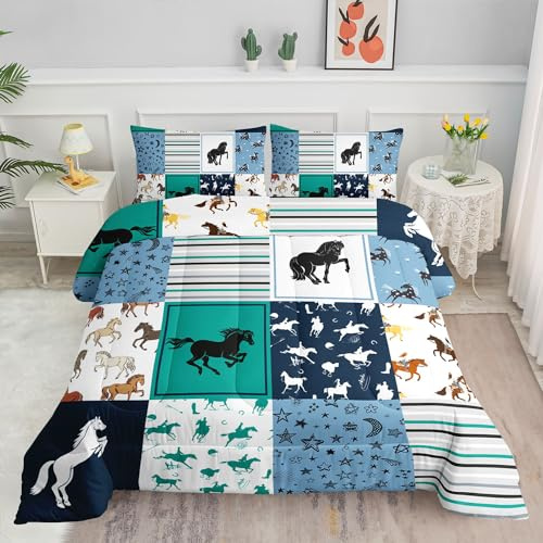 Smell Sunshine Kids Comforter Set Horses Printed Pattern Bedding Set with 1 Comforter and 2 Pillowcases for Girls Boys Bedroom All Season(Horses Twin)