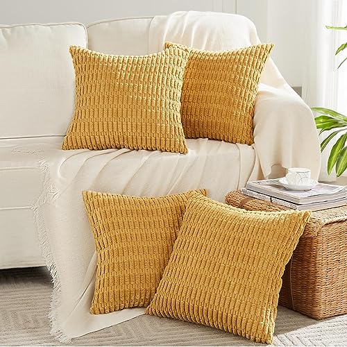 FDTERN 4er Set Boho Kissenbezug 45x45 cm Kurkuma Einfarbig Flauschig Kissenbezüge Kordsamt Kissenhülle Dekokissenbezug Sofakissen Dekokissen Herbst Deko für Sofa Schlafzimmer Wohnzimmer Balkon