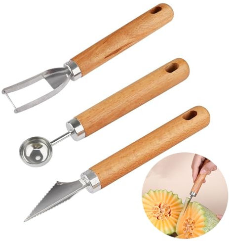 RUIENGCOMM 3 PCS Watermelon Cutter Slicer Tool Stainless Steel Fruit Scooper Melon Baller Scoop Set Multifunction Kitchen Tools for DIY Fruit Salads Vegetable Ice Cream Cookie Dough