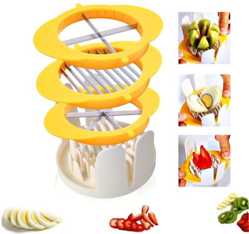 Jawbush 3-in-1 Egg Slicer with Sharp Stainless Steel Blades, Heavy Duty Multi-purpose Food Cutter for Slicing, Wedging & Quartering, Durable Blade Slicer for Hard Boiled Eggs, Strawberries & Kiwis