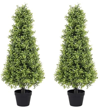 Azoco 3ft Artificial Boxwood Topiary Trees (Set of 2) - UV Resistant Faux Plants Outdoor, Realistic 36in Fake Cone Bushes and Shrubs for Front Porch, Planter, Patio - Low Maintenance & Evergreen