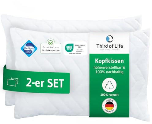Kopfkissen 40x60 VERDA 2er Set, ergonomisches Bett-Kissen höhenverstellbar | Pillow 40 x 60 cm aus recyceltem Material, Höhenverstellbares Schlafkissen für Rückenschläfer, Seitenschläfer, Allergiker