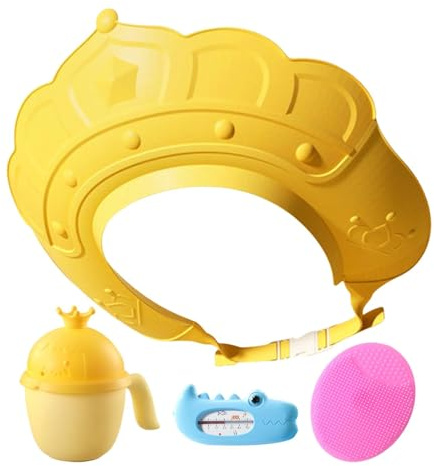 Cuffia da doccia per bambini, cuffia da bagno, visiera da bagno, indicatore della temperatura 'acqua e bicchiere per shampoo, cuffia da shampoo con spazzola per shampoo, rende il bagno dei bambini