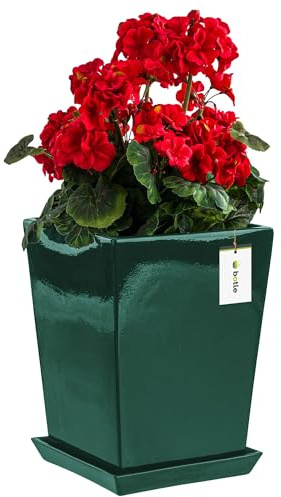 Blomkruka blomkruka med underlägg blombehållare kvadrat B x H: 29,5 cm x 34 cm mörkgrön glans yta, enkel och minimalistisk, inre hög, avlopp nertill, stativ orkidé vas keram