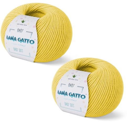 Wolle zum Stricken oder Häkeln 100% Merinowolle Extrafine von Lana Gatto. Baby Soft Linie Kinder, Neugeborene natürlich mit Aloe Vera (2, Gelb - 8437)