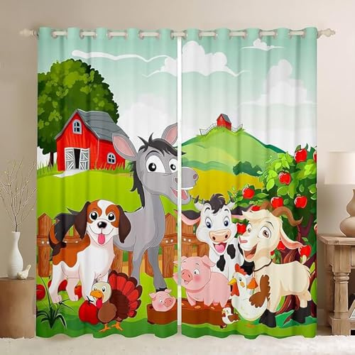 ZZTBQ Cartoon Bauernhof Tiere Verdunkelungsvorhänge Mit Ösen Bauernhaus Landhausstil Verdunkelungsvorhang Mit Blickdichten Farben Hund Esel Schwein Milchkuh Schaf Huhn 234x230cm