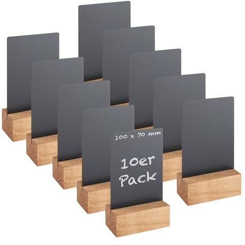 SPRINTIS Tischaufsteller Kreidetafel mit Holzfuß aus Eiche, 10 Stück, Tafelmaße 10 x 7 cm, doppelseitige Tisch Kreidetafel nur für Kreidestifte, ideal für Gastronomie und Events