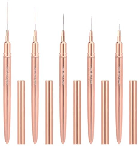 Nynkyon 5 PCS Nail Art Brush, Painting Nail Brushes for Gel Nails, Nail Stuff Drawing Tool Set with Aluminum Handle for Pulling Lines, Nail Art Design, Gold, Size 5/8/12/20/25mm